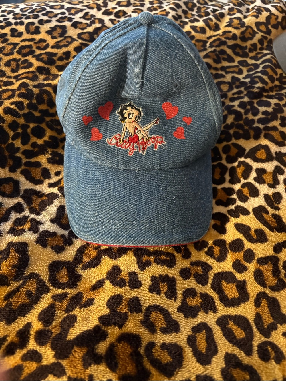 Denim Betty Boop Embroidered Baseball Cap with Red Hearts